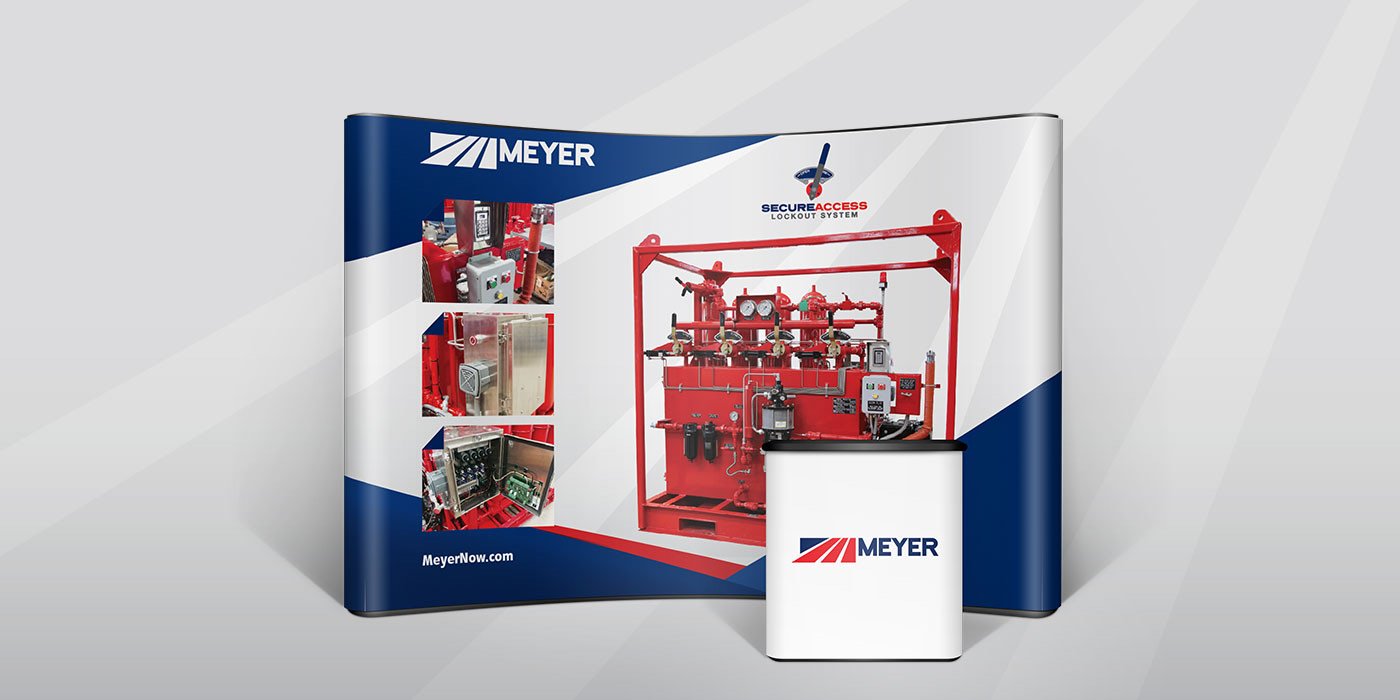 Curved Meyer pop-up display with product photos and a branded counter